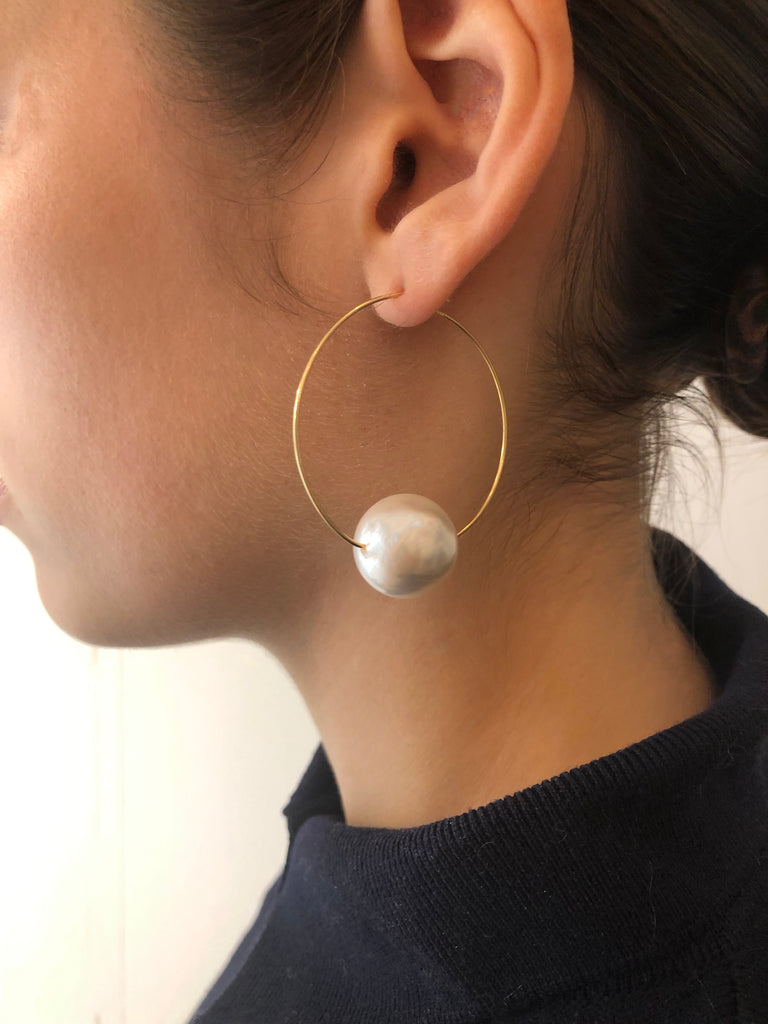 Golden silver big pearl hoop - [18DELPERO]